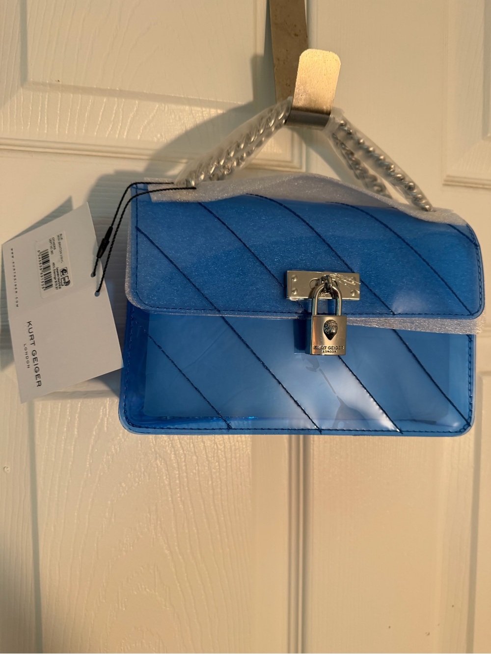 Kurt Geiger Small Blue Crossbody Vinyl Bag with Padlock